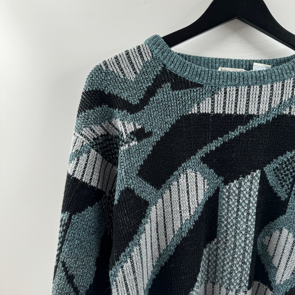 Pacific Club by NAK Abstract Knit Sweater Teal Grey Medium - Picture 2 of 6